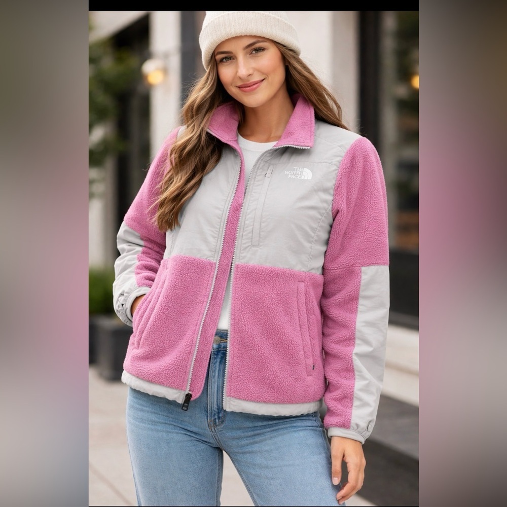 The North Face Pink and Light Gray Sherpa Fleece Jacket